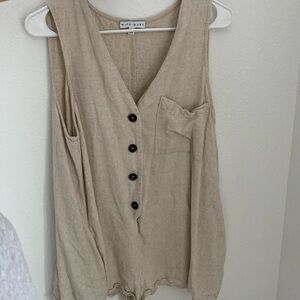 Miou Muse Oatmeal Beige Linen Sleeveless Romper with pockets